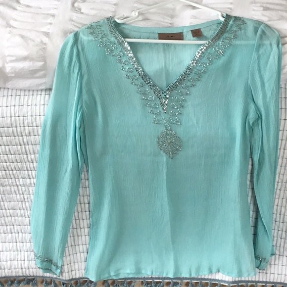 Aqua colored sheer crepe silk tunic - Picture 4 of 7